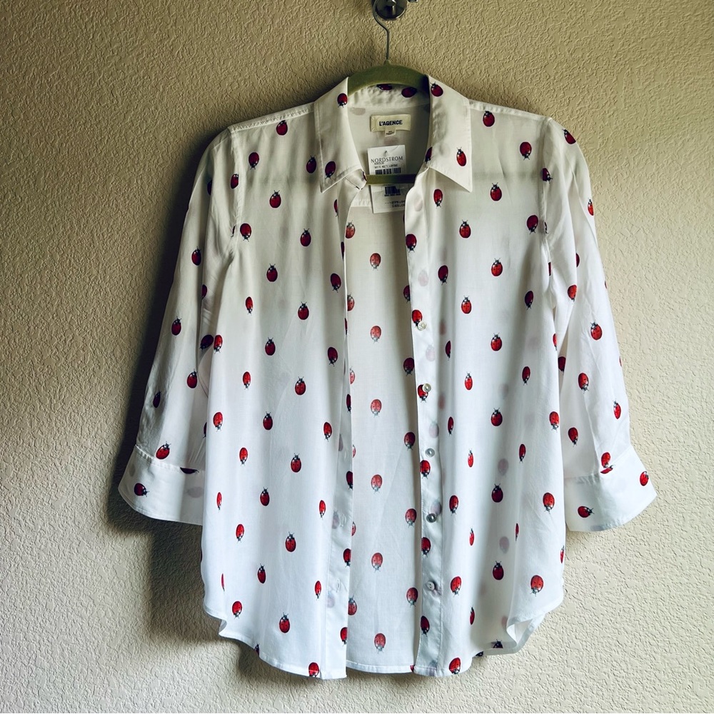 NWT L'Agence White Camille Ladybug Print Button-Up Shirt Size S - Picture 3 of 16